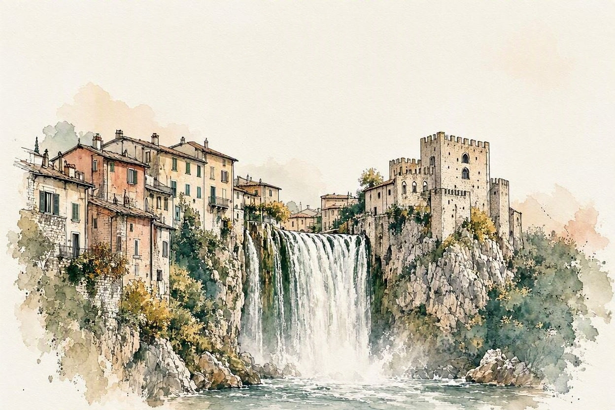 Editorial illustration of the Cascata Grande waterfall running through Isola del Liri, Italy